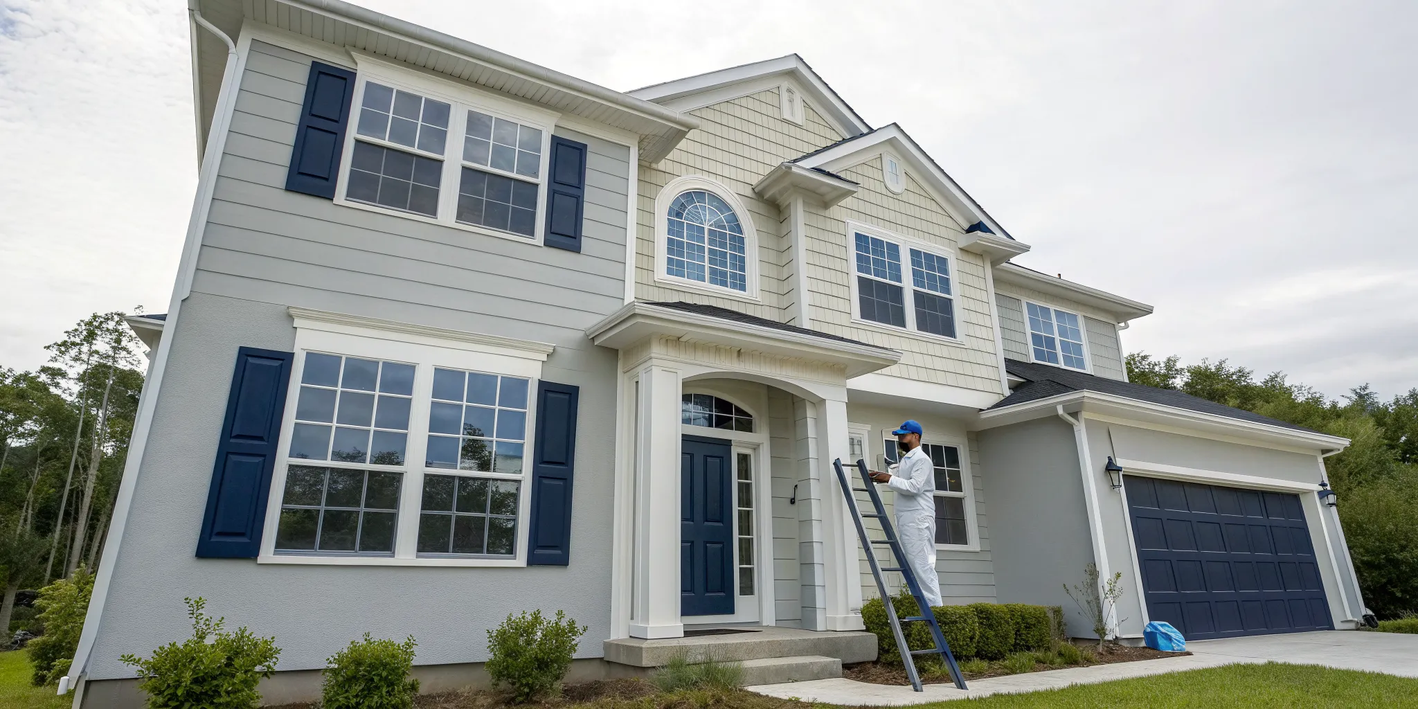 Professional exterior house painter on a ladder painting the siding of a home.