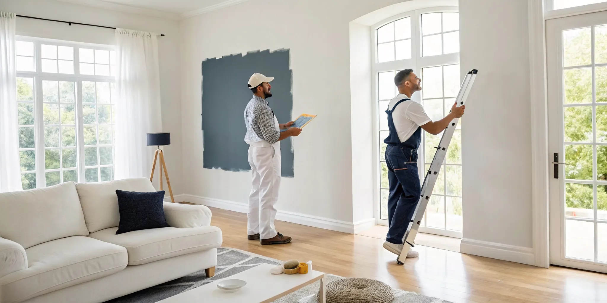 Professional interior house painters discussing a project in a living room before painting.
