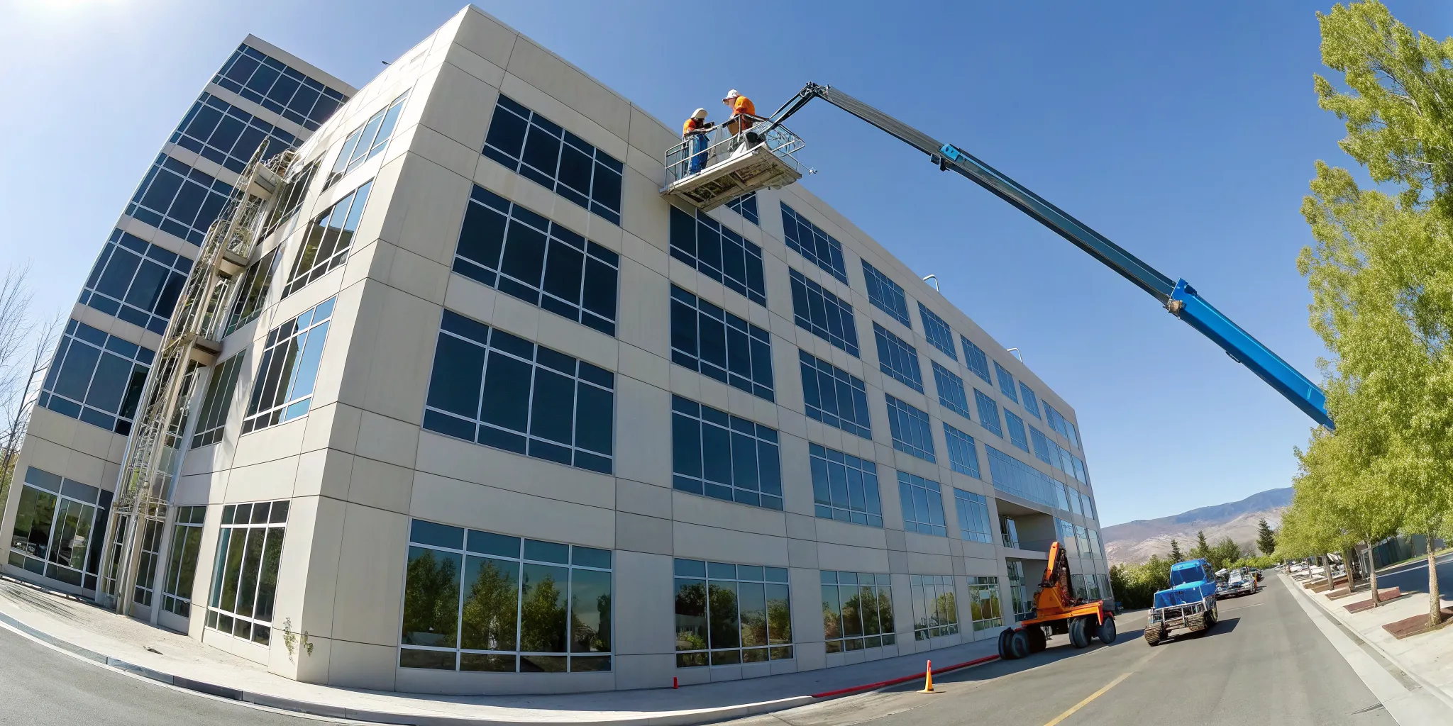 Commercial painting contractors in Boise painting a modern building's exterior from a lift.