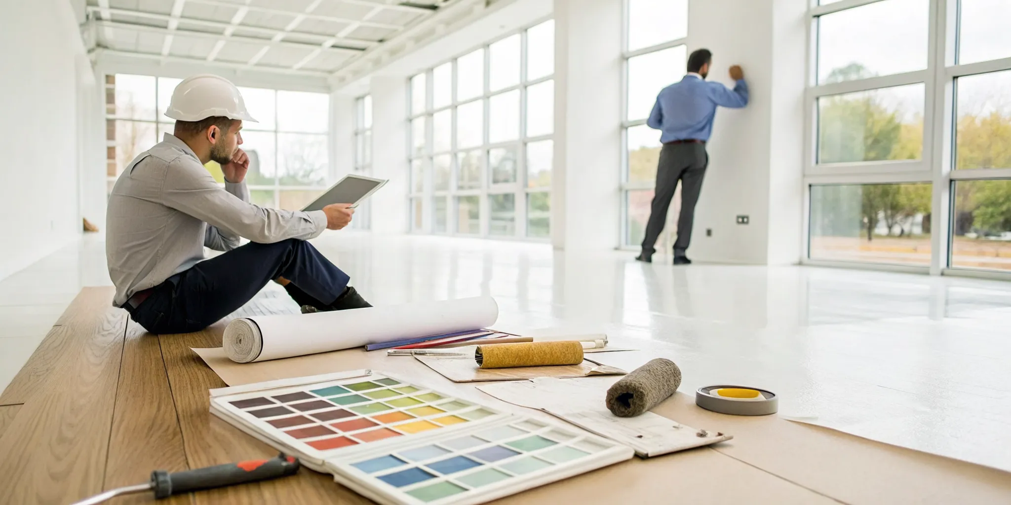 Professional painters in Boise planning an interior project with color samples.