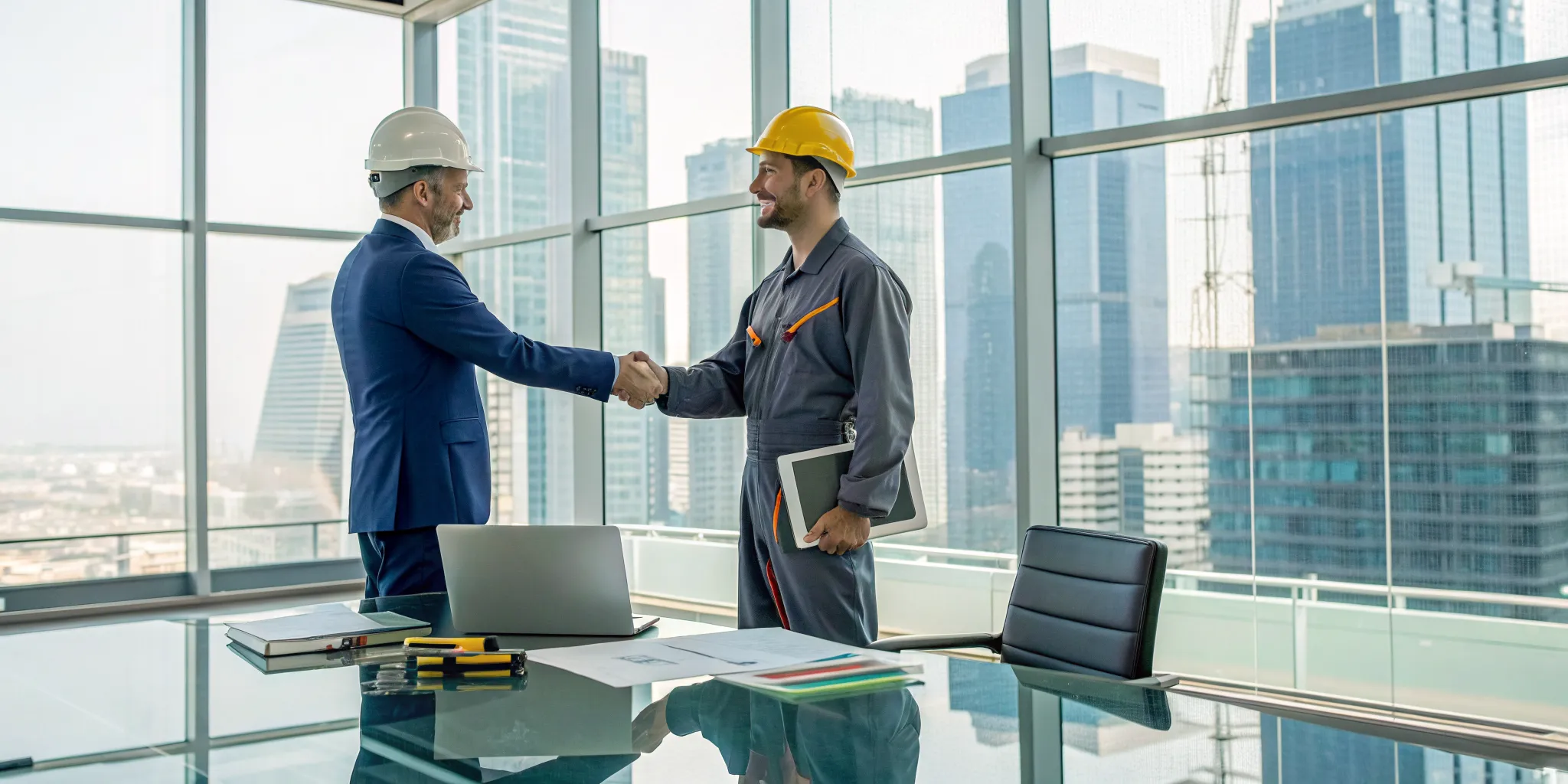 A commercial painting contractor shaking hands with a client after agreeing to the project terms.