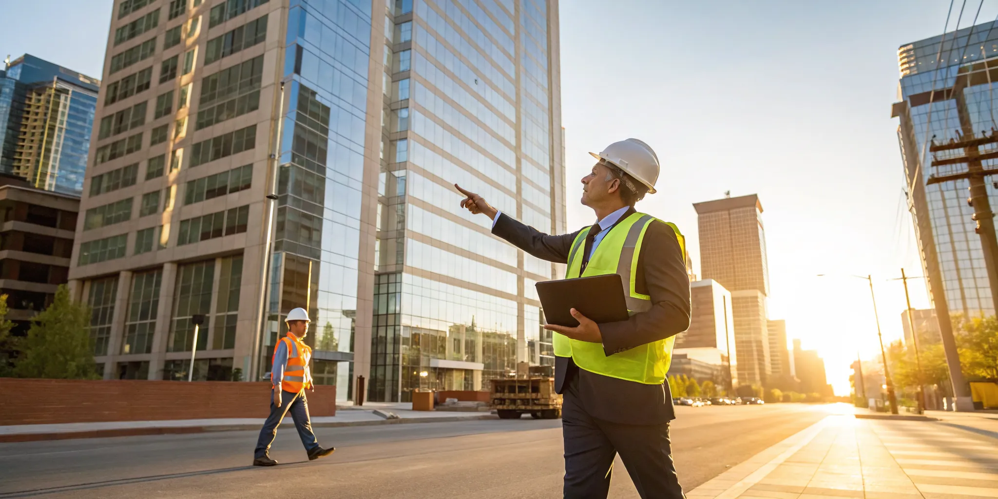 Professional commercial painters in Boise inspecting a building exterior before providing a quote.