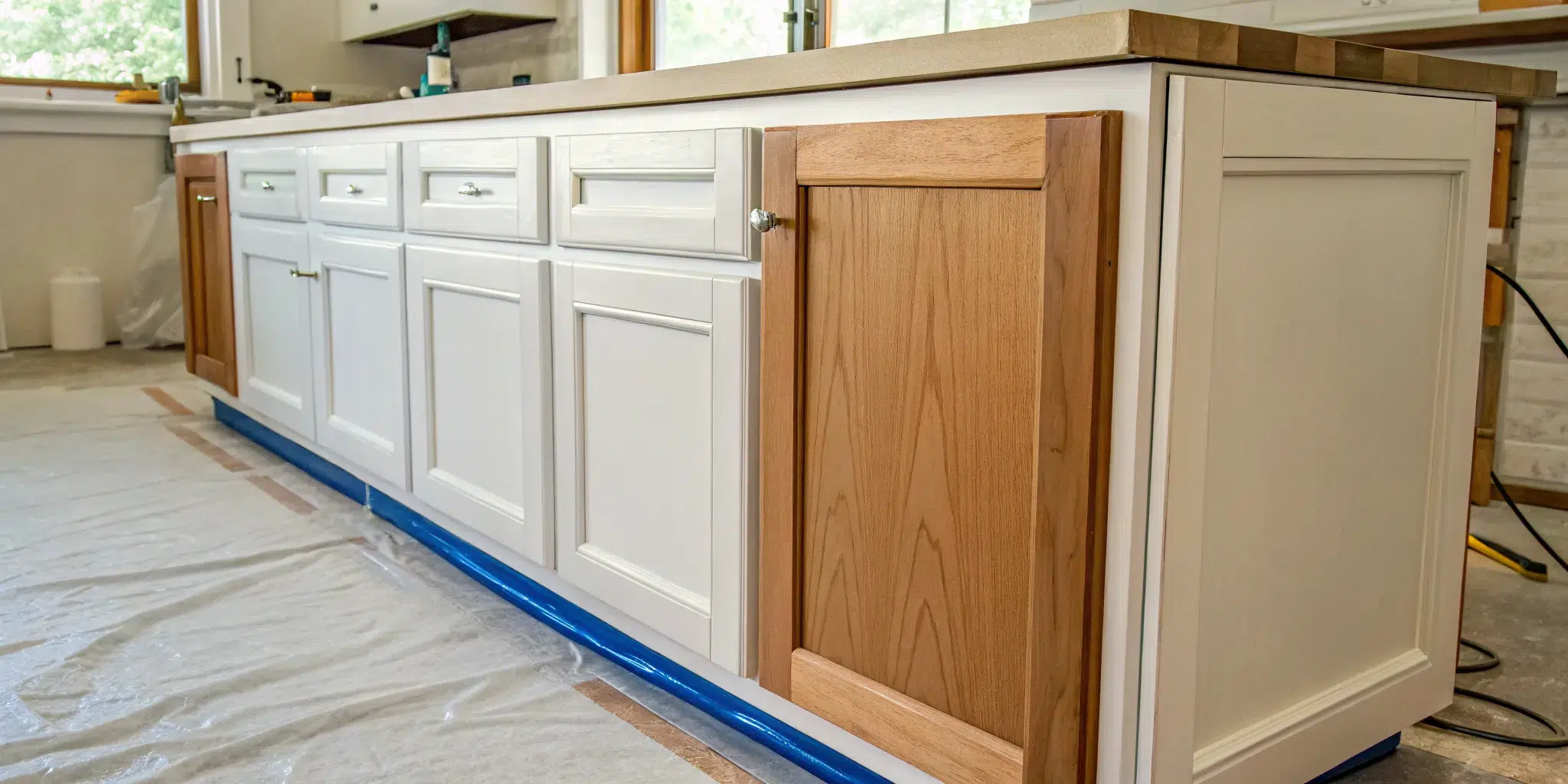 DIY refinishing of kitchen cabinet doors with fresh white paint and sanded natural wood.