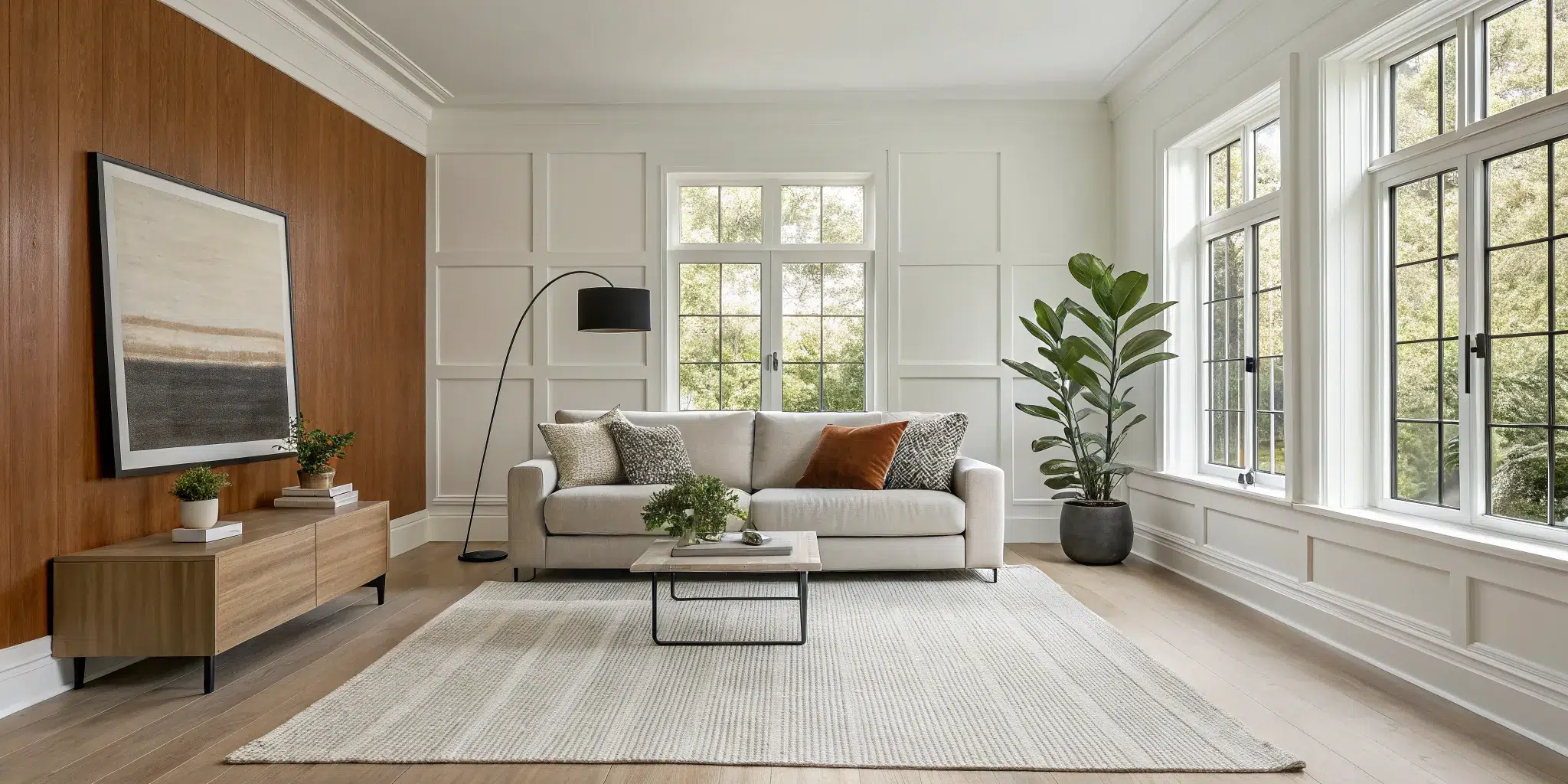 A modern wall painting for a living room with a neutral color palette and stylish furniture.