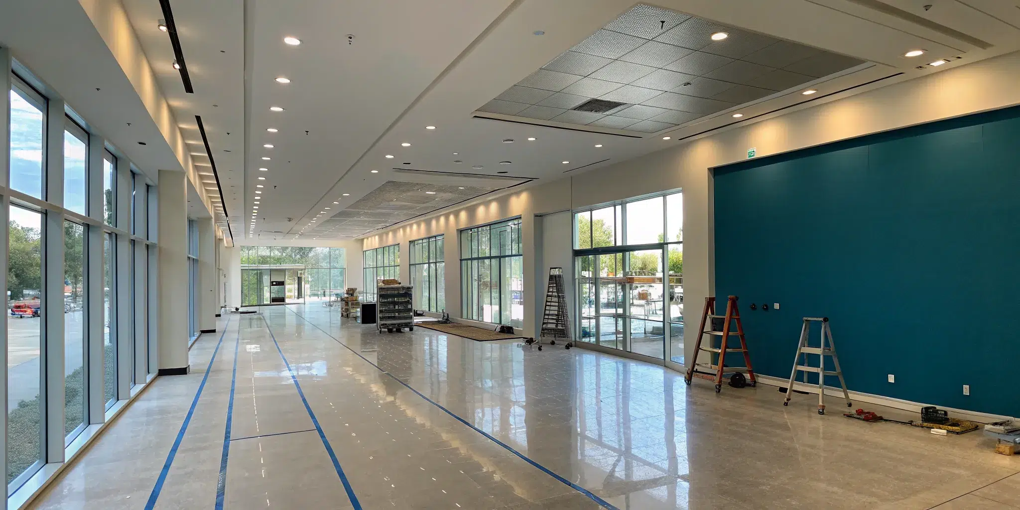 A professional commercial painting project underway in a retail space with careful preparation and clean lines.