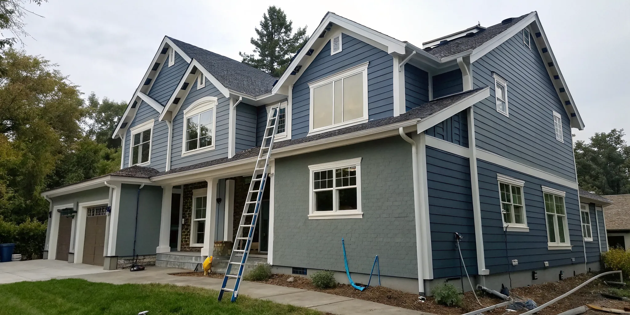 Exterior home painting contractors applying fresh paint to a blue two-story house.