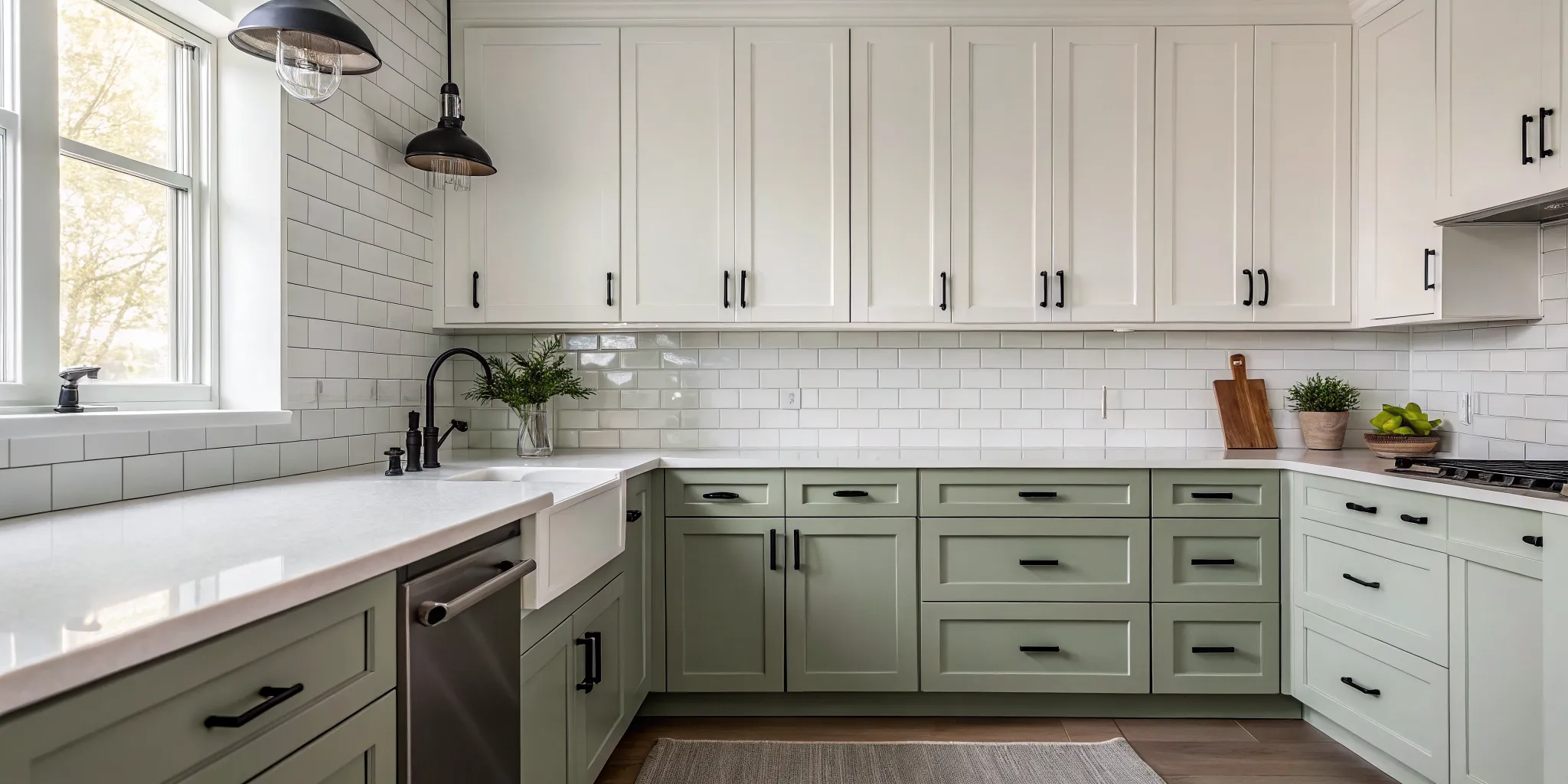 Professional cabinet painting in Boise featuring two-tone sage green and white kitchen cabinets.
