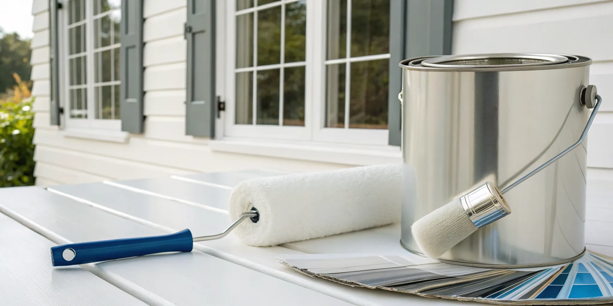 Painting supplies and color swatches for determining the cost to paint a house exterior.