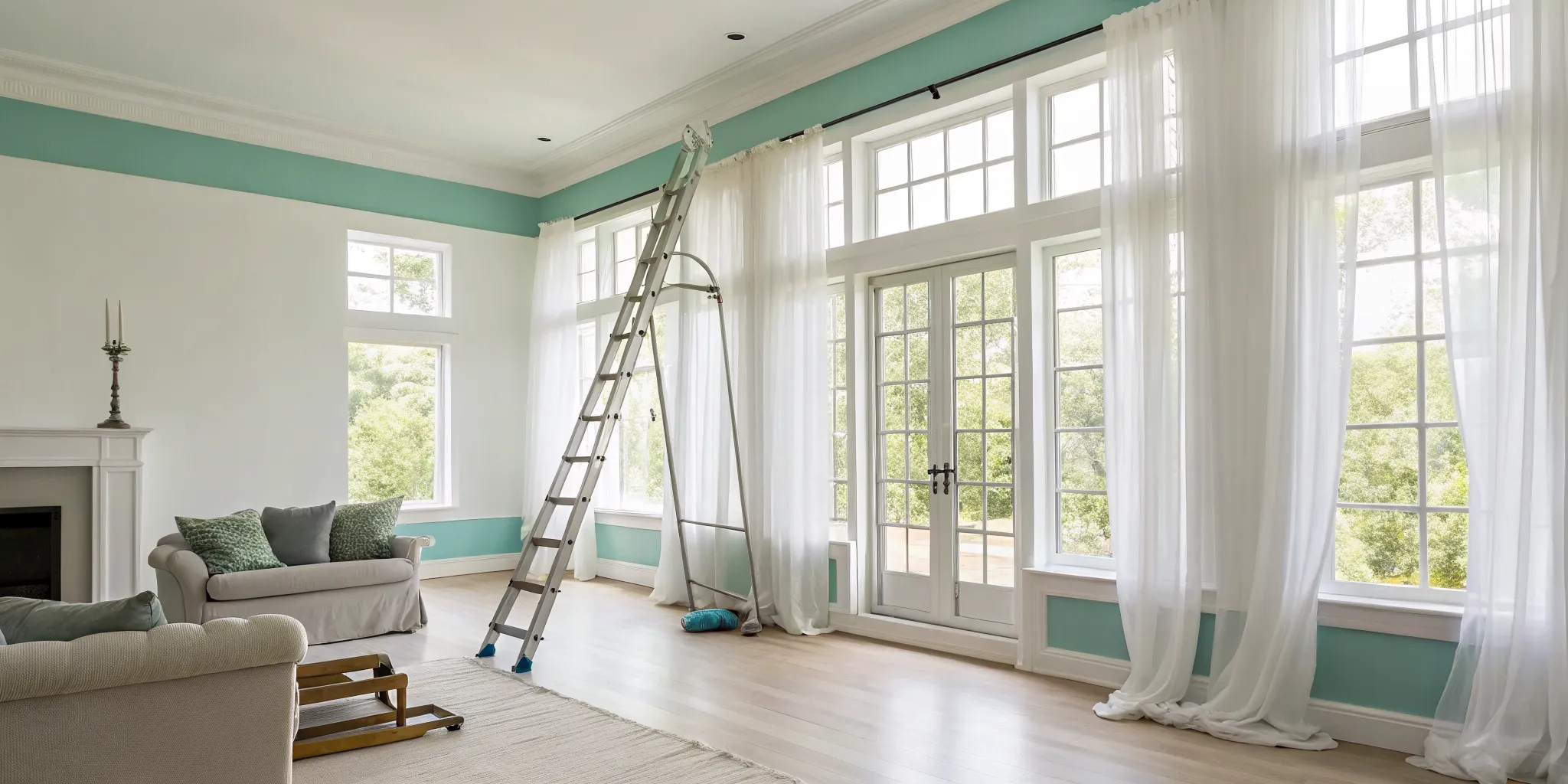 Interior house painters with a ladder preparing to paint a living room wall.