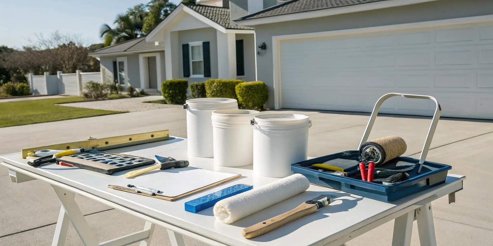 Paint cans, brushes, and supplies for calculating how much it costs to paint a house exterior.