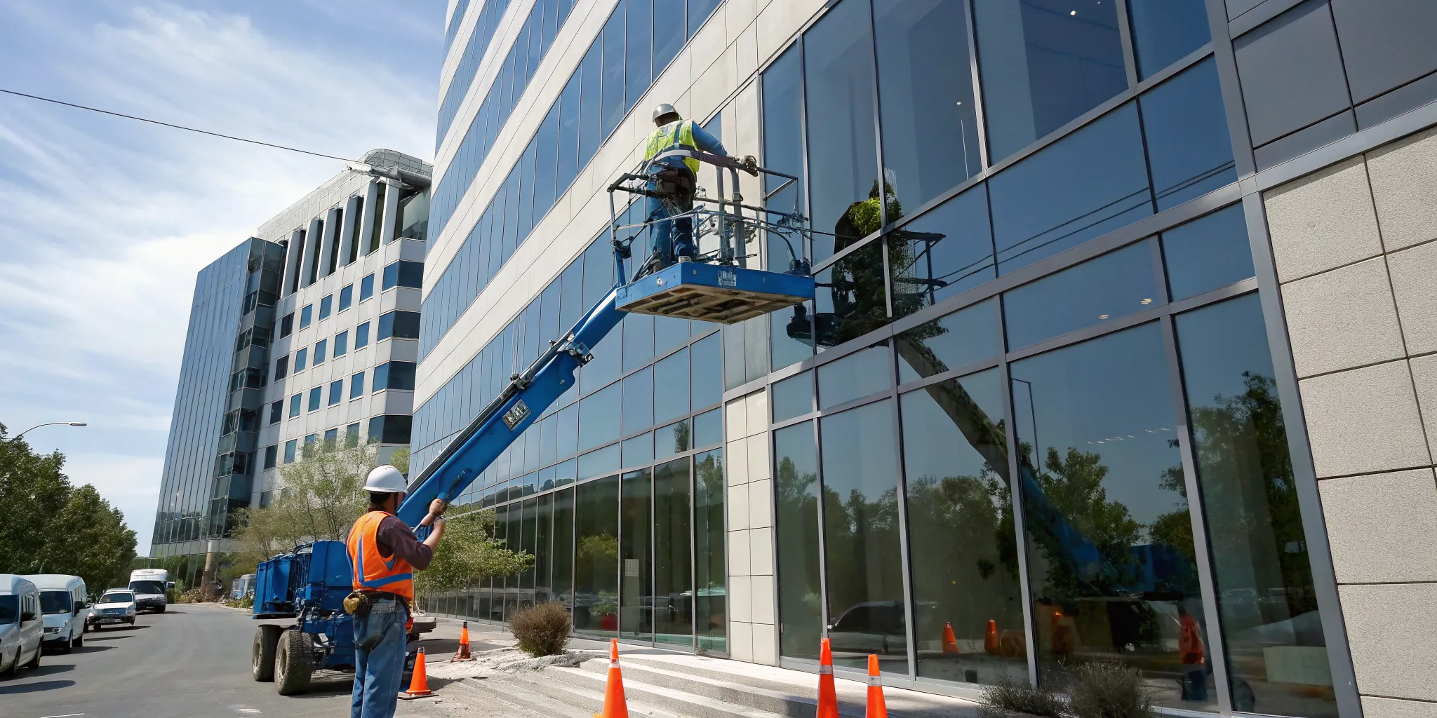 Commercial painters in Boise on a lift painting the exterior of a building.