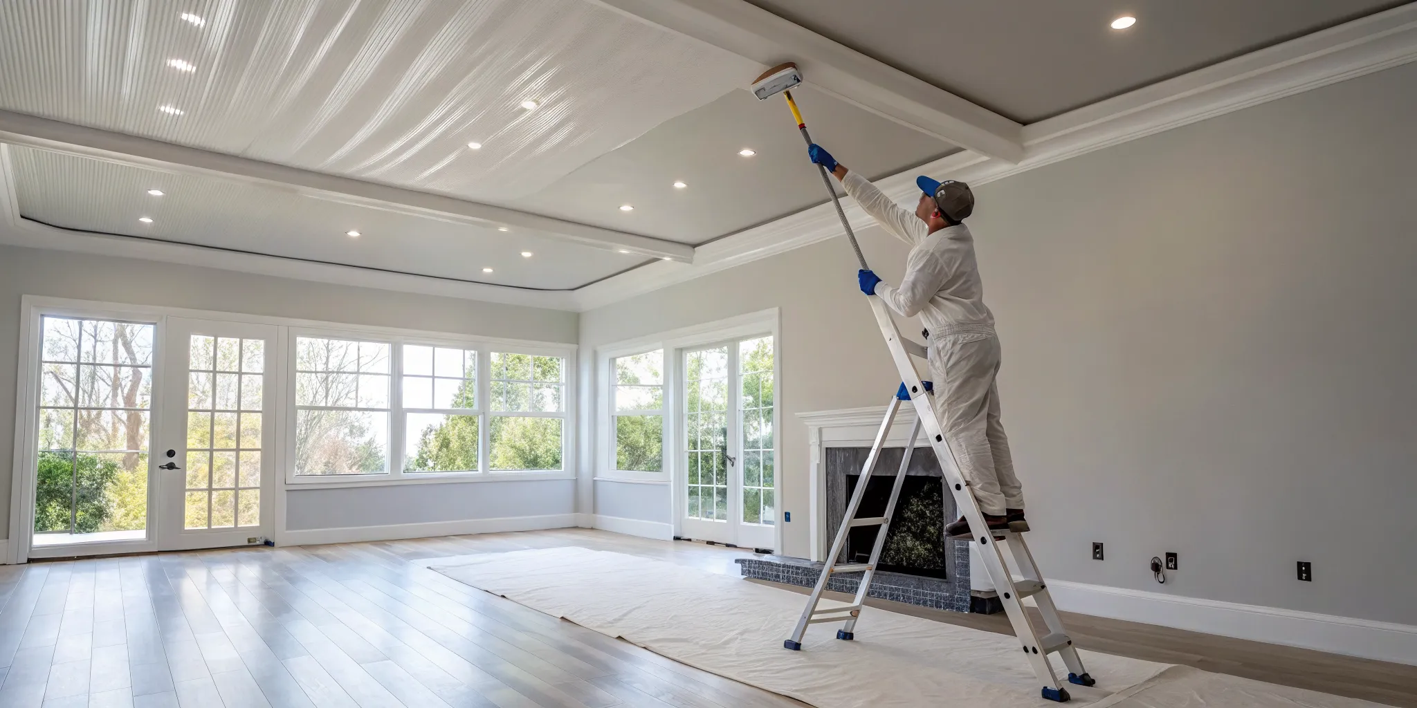 A painter on a ladder uses a roller for a ceiling painting project.
