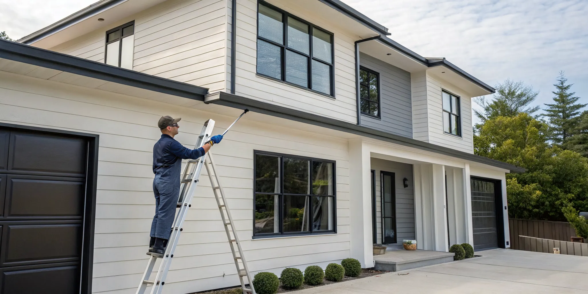 A man on a ladder painting the exterior of a house.