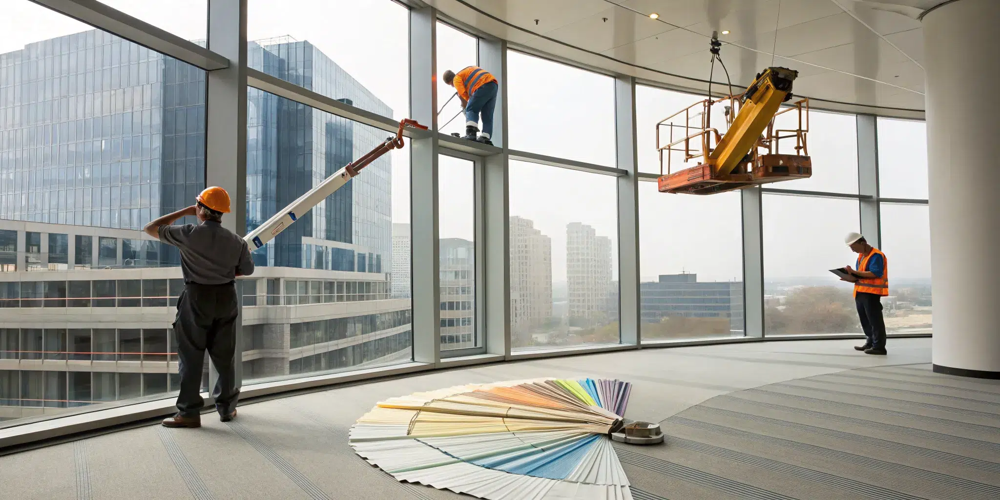 The best commercial painting contractors review color samples before painting large office windows.