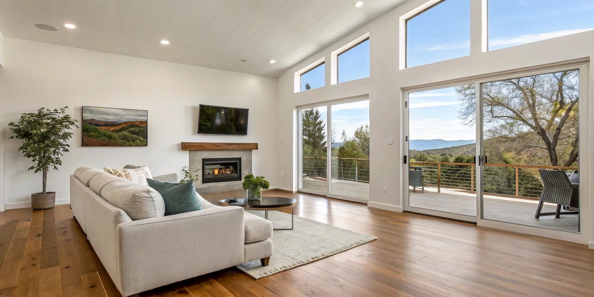 Professional interior painting in a modern Boise living room with large windows.