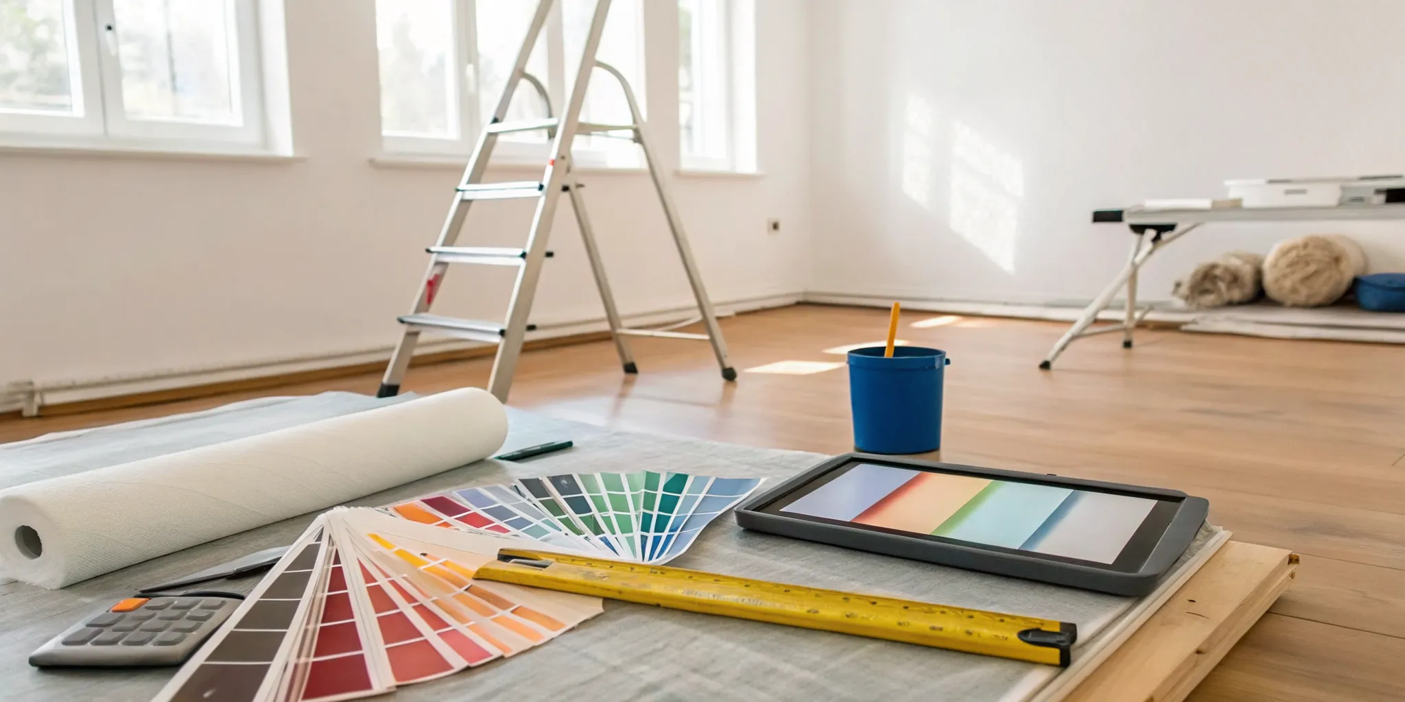 Calculator and painting supplies for estimating the cost of painting a house interior.
