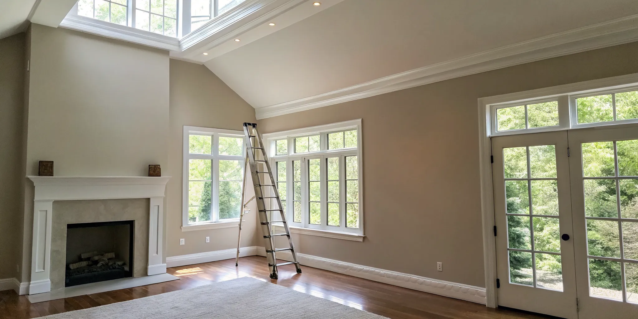 Walls and ceiling painted the same neutral color create a seamless look in this bright living room.