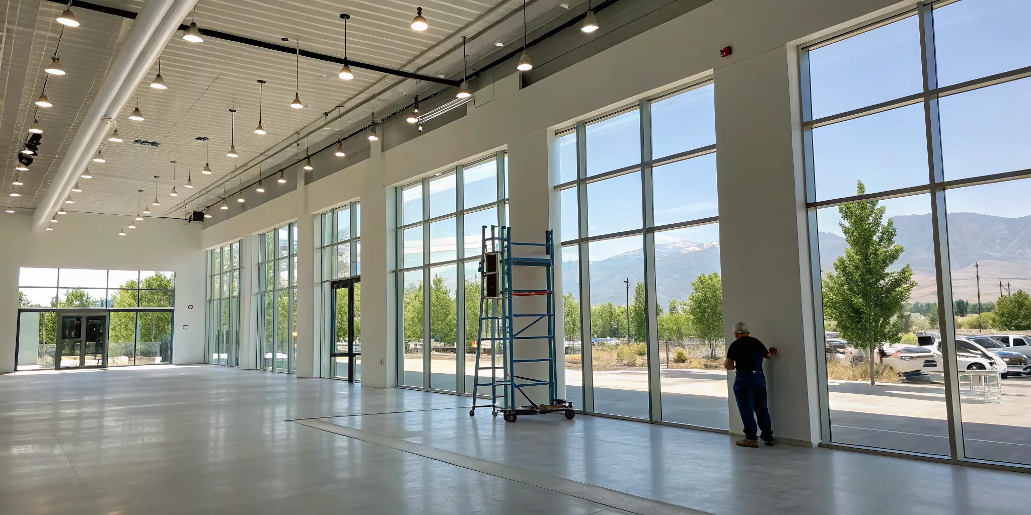 A professional painter applying fresh paint during a retail store painting project in Meridian.