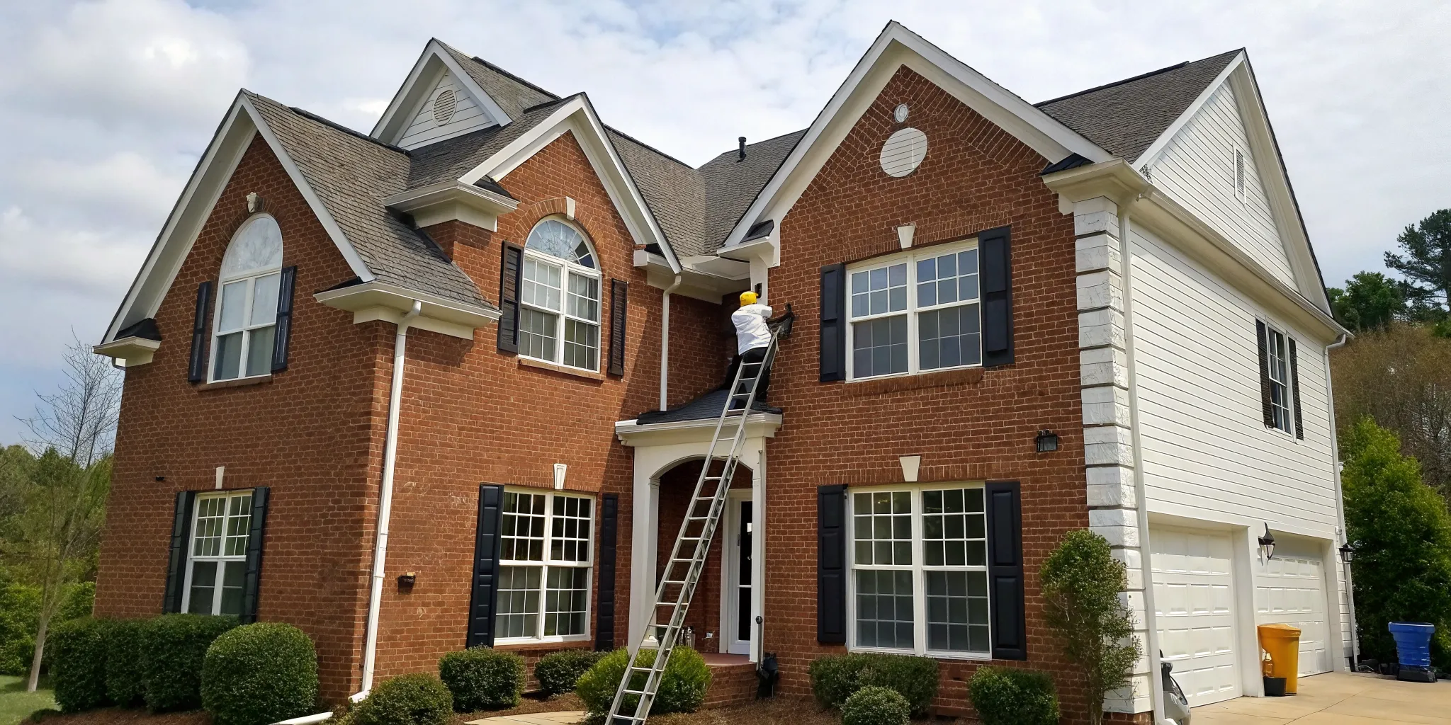 Professional painter on a ladder painting a brick house with black shutters.