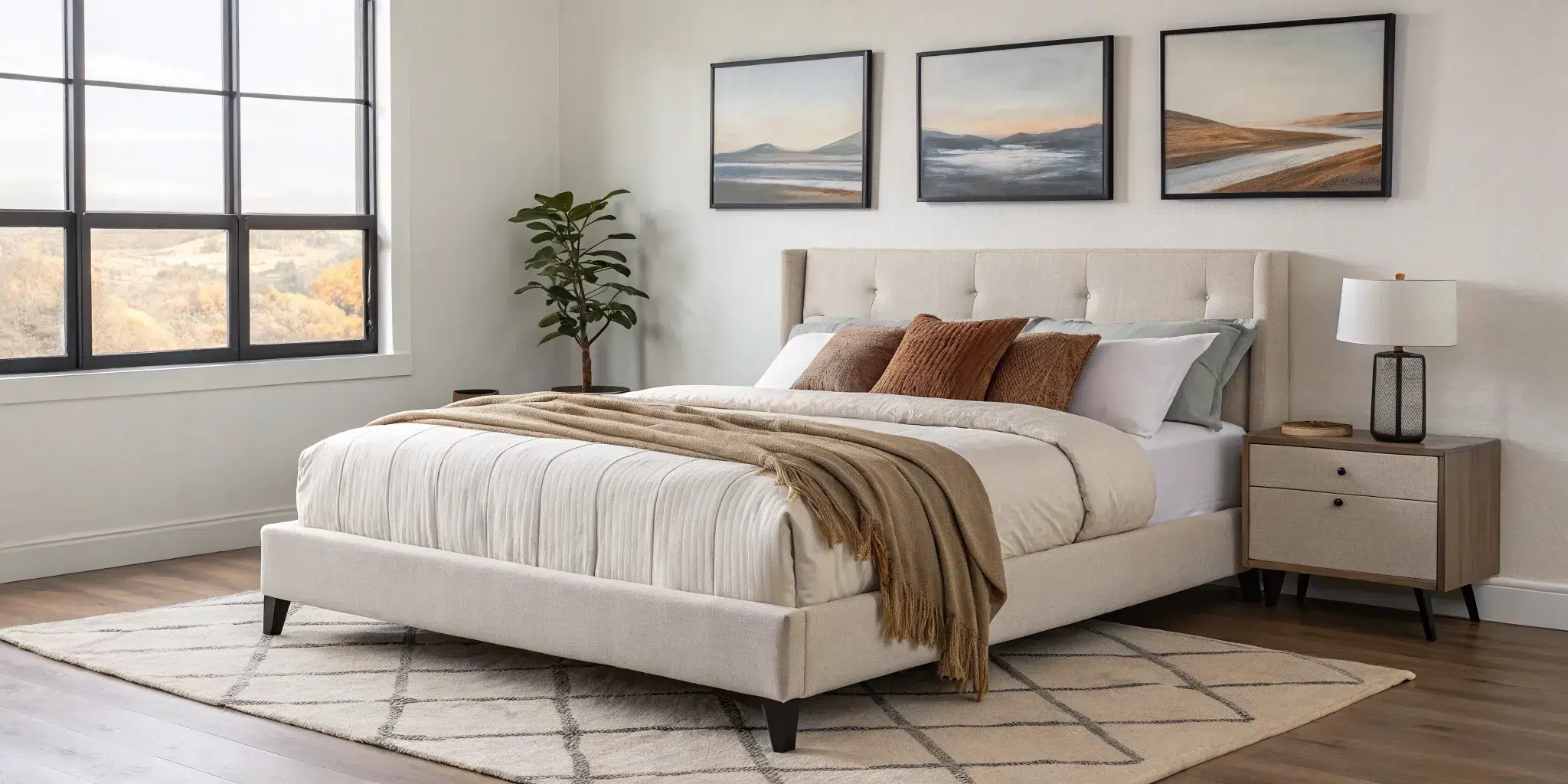 Three landscape wall paintings hung above a bed in a neutral-themed bedroom.