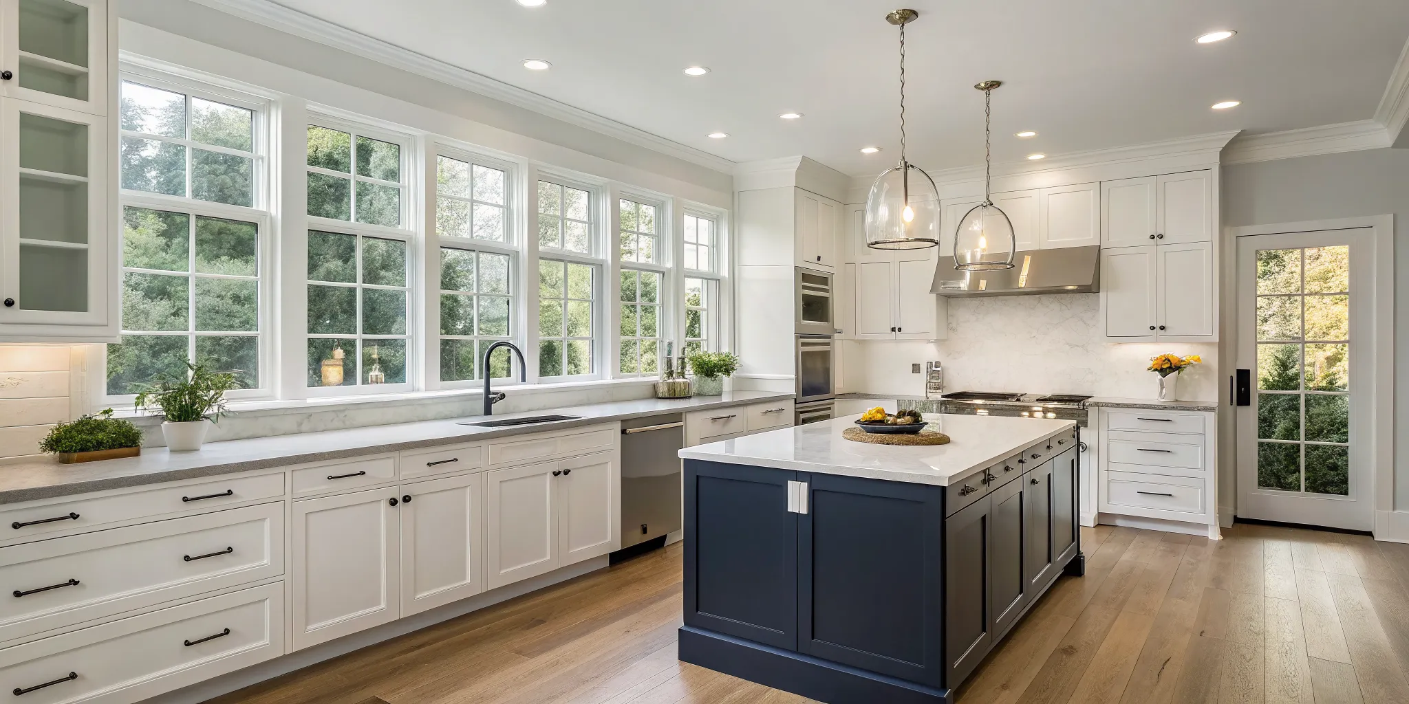 Professionally painted white kitchen cabinets and a navy island in a modern kitchen.