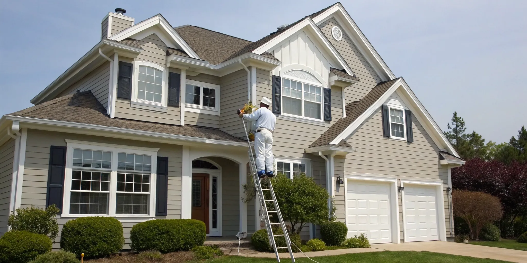 Professional painter on a ladder painting the exterior of a house.
