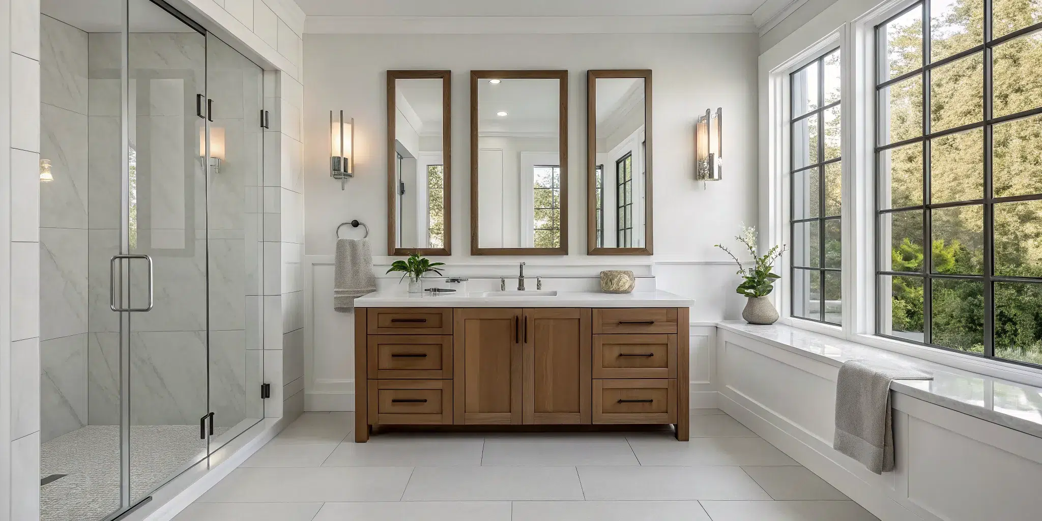 Bathroom vanity cabinet painting ideas featuring a modern wood vanity with a white countertop.