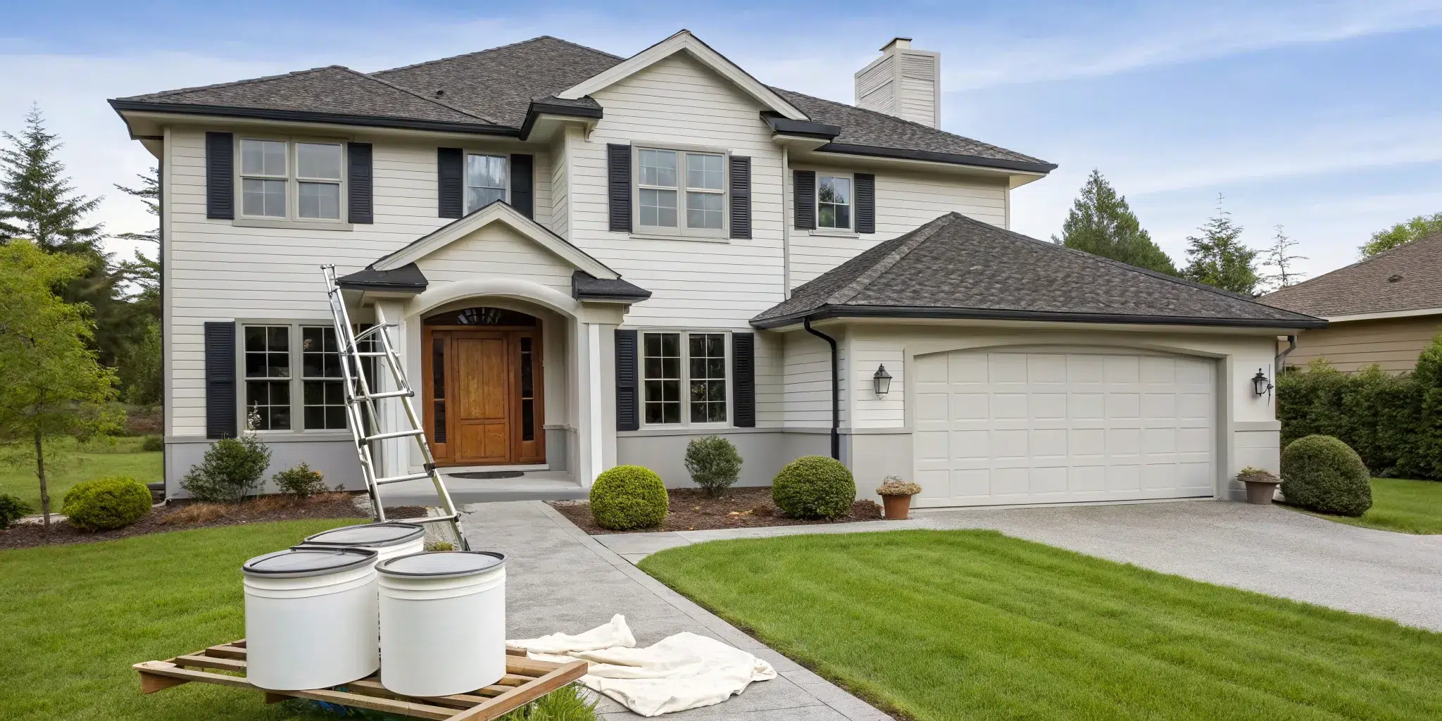 Modern two-story house with a ladder, freshly painted with the best exterior paint for houses.