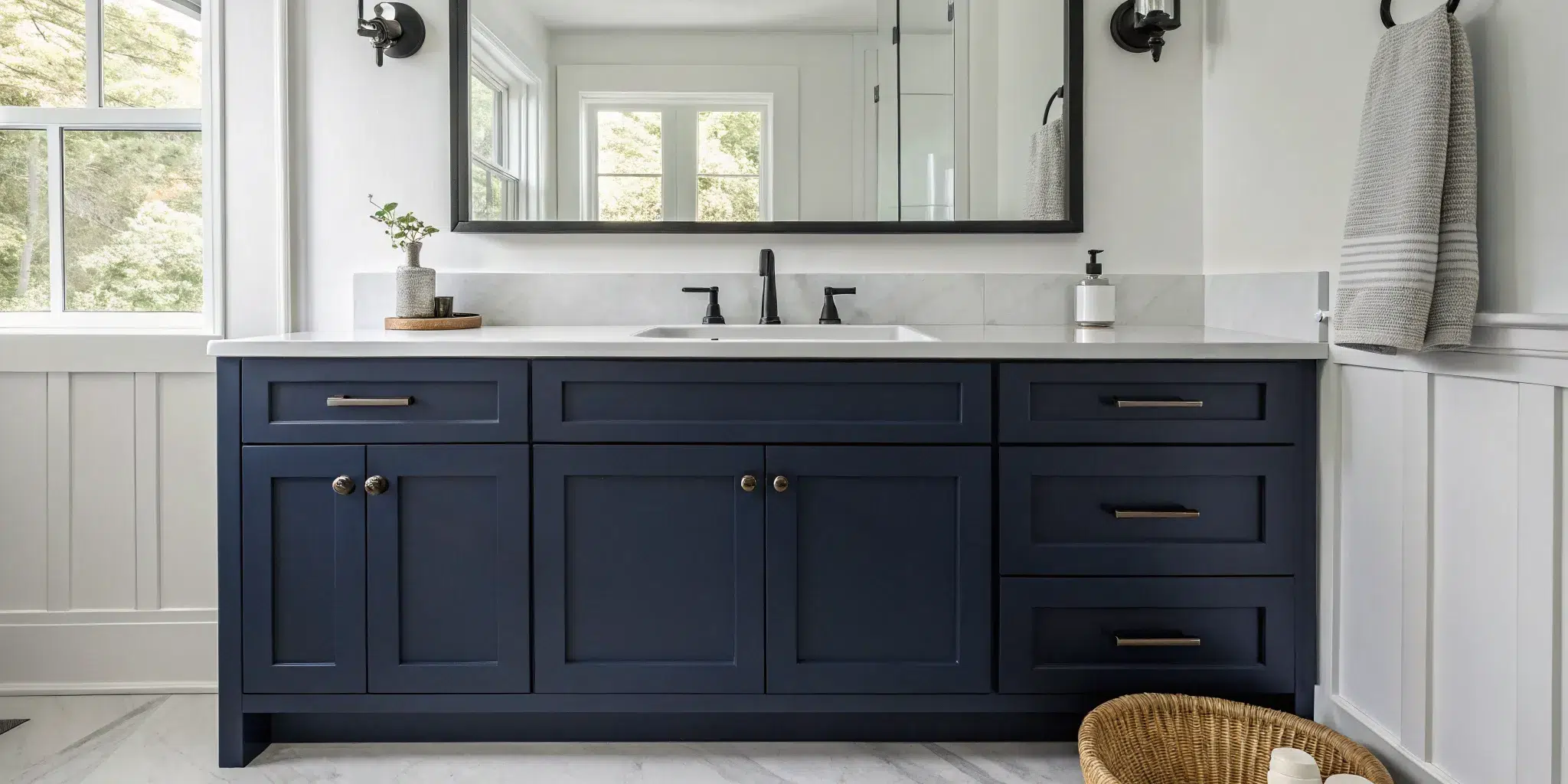 Navy blue bathroom vanity cabinets painted with the best paint for a professional finish.
