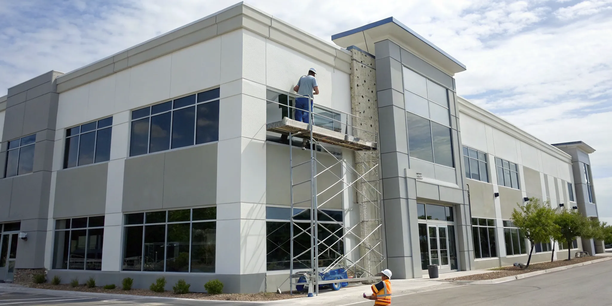 Painters on scaffolding painting a commercial building, a major factor in the total cost.