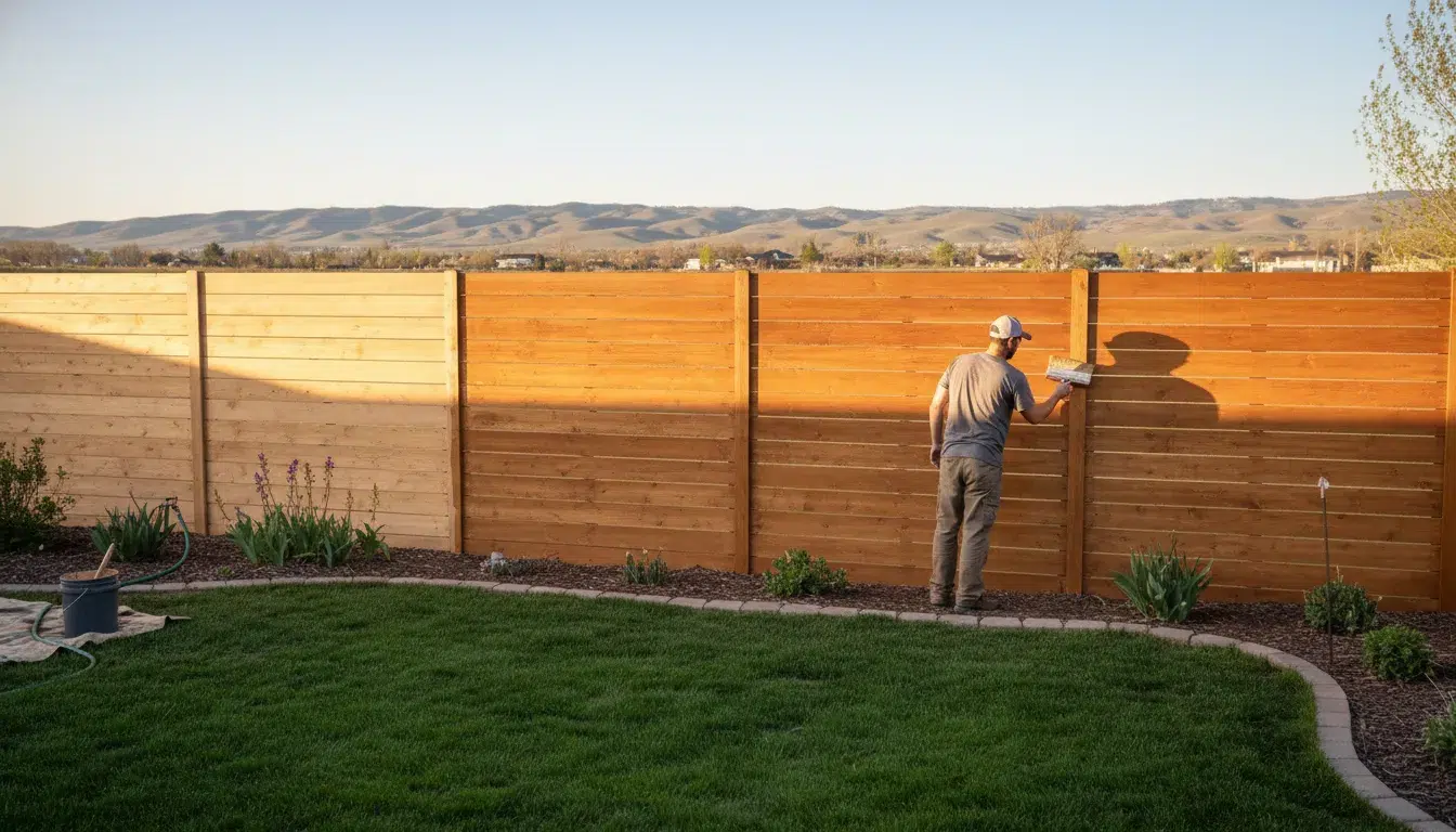 Painter applying stain to a cedar fence during a Boise fence staining project