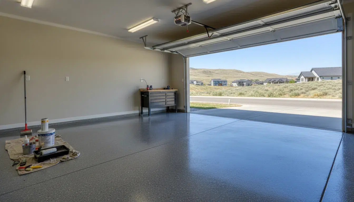 Finished garage floor epoxy Boise coating in a residential garage
