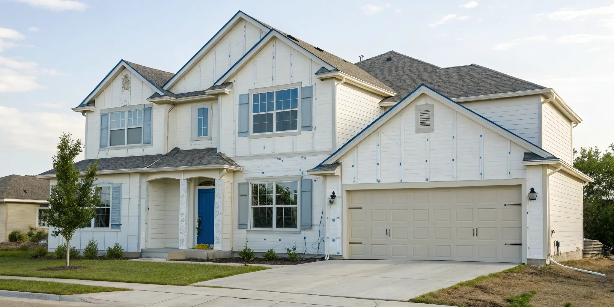 A two-story home helps determine how much to paint a house exterior per square foot.