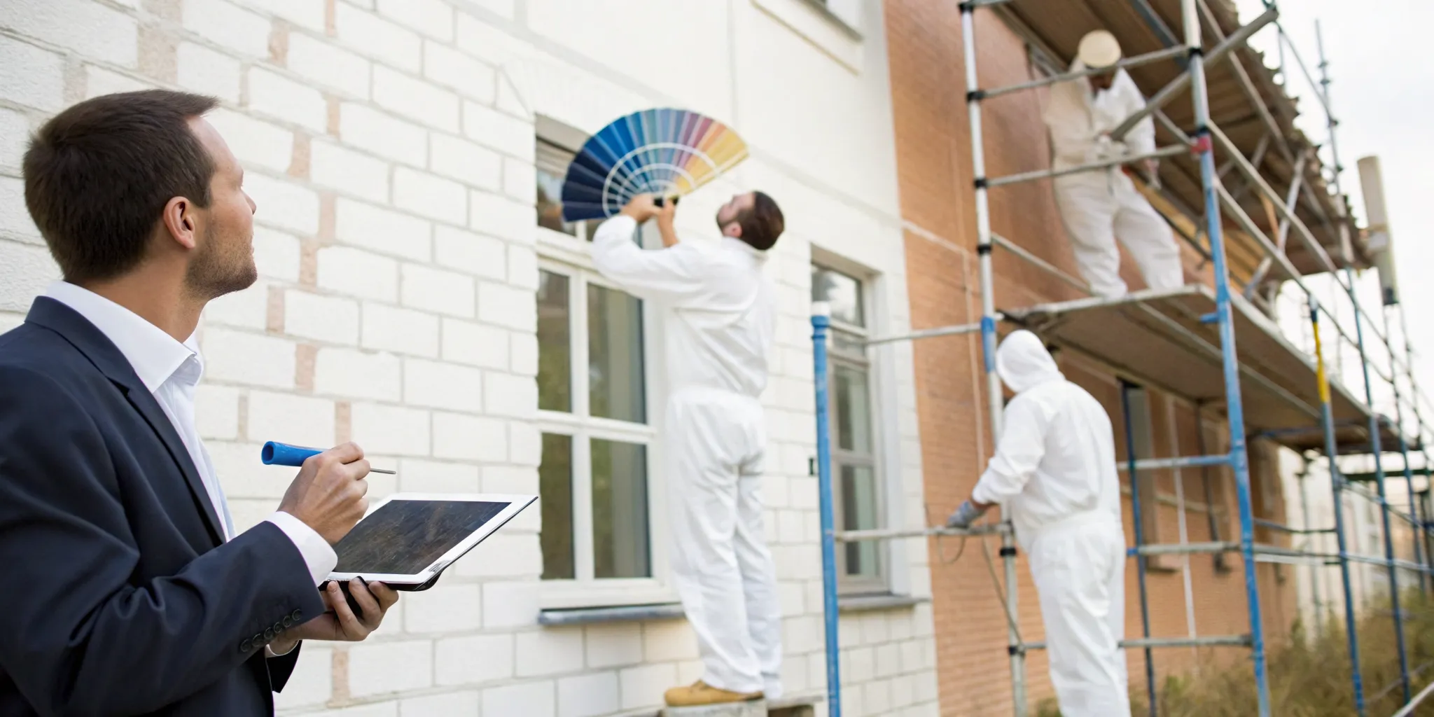 A brick painting company's professional team preps an exterior wall with scaffolding and color samples.