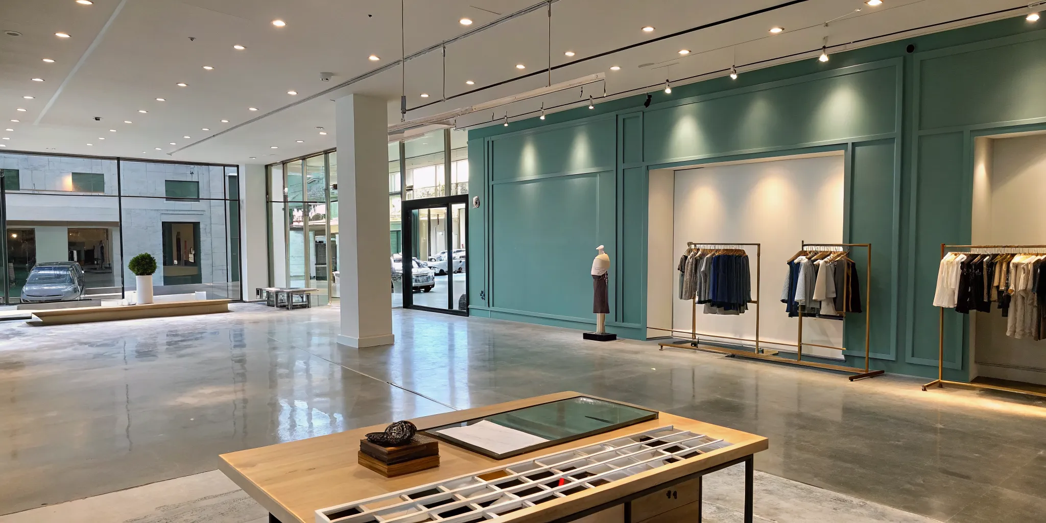 A modern retail store with a teal accent wall, freshly painted by professional contractors.