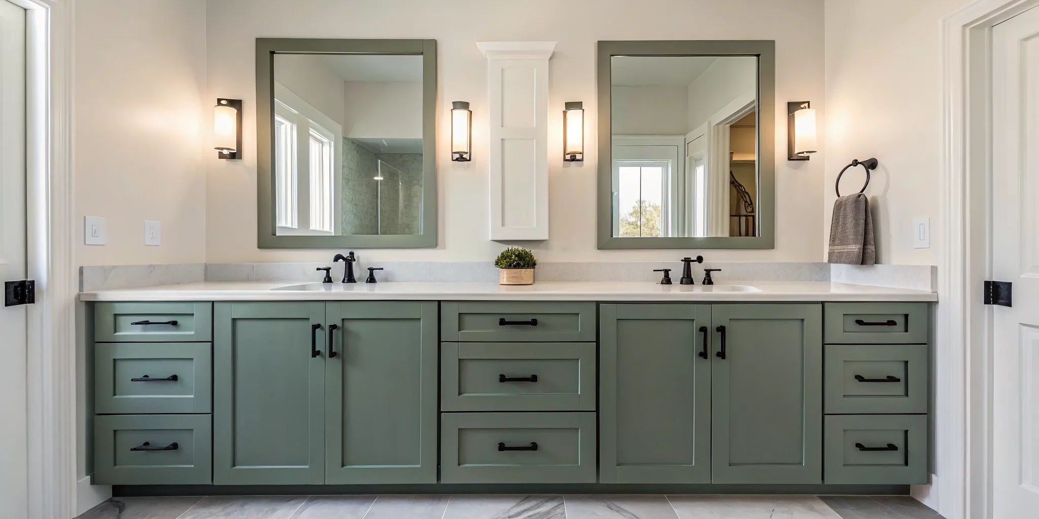 An idea for painting bathroom cabinets in a stylish sage green with black hardware.