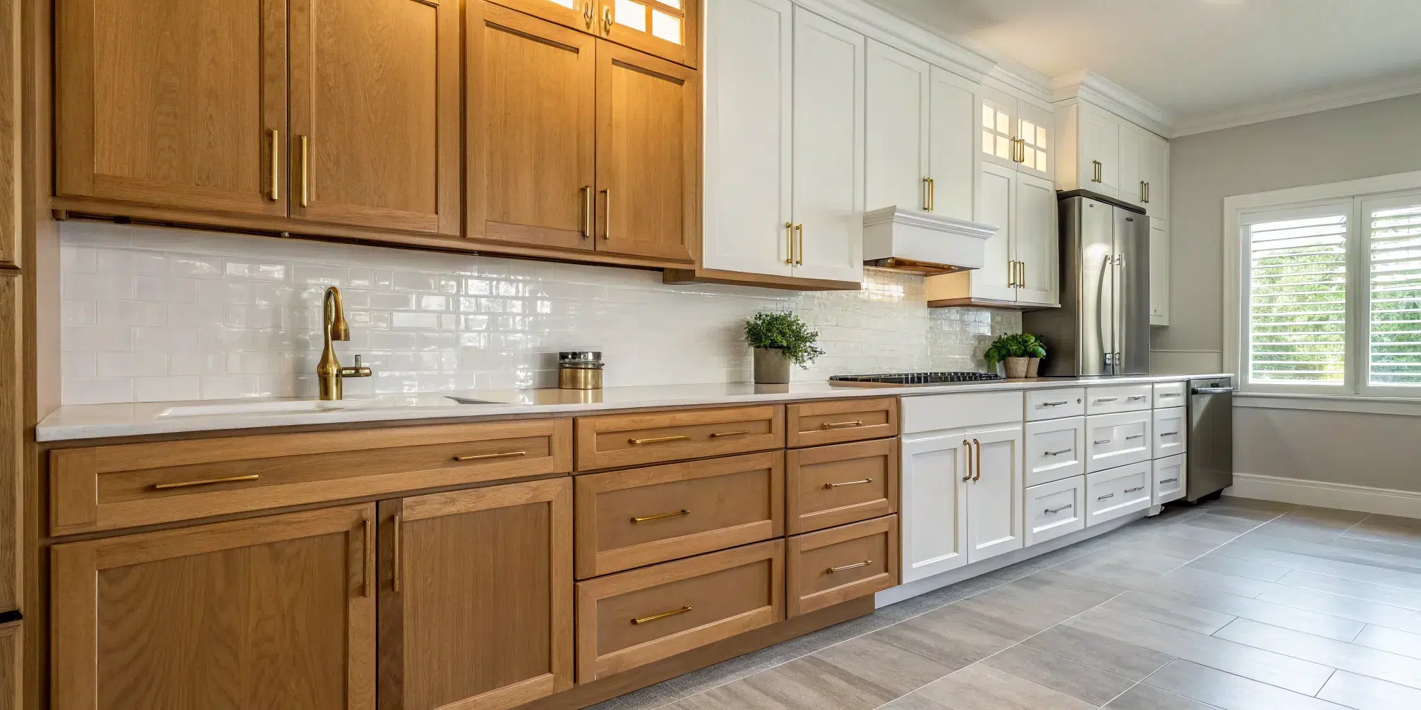 Kitchen with professional cabinet refinishing in two-tone white and wood.