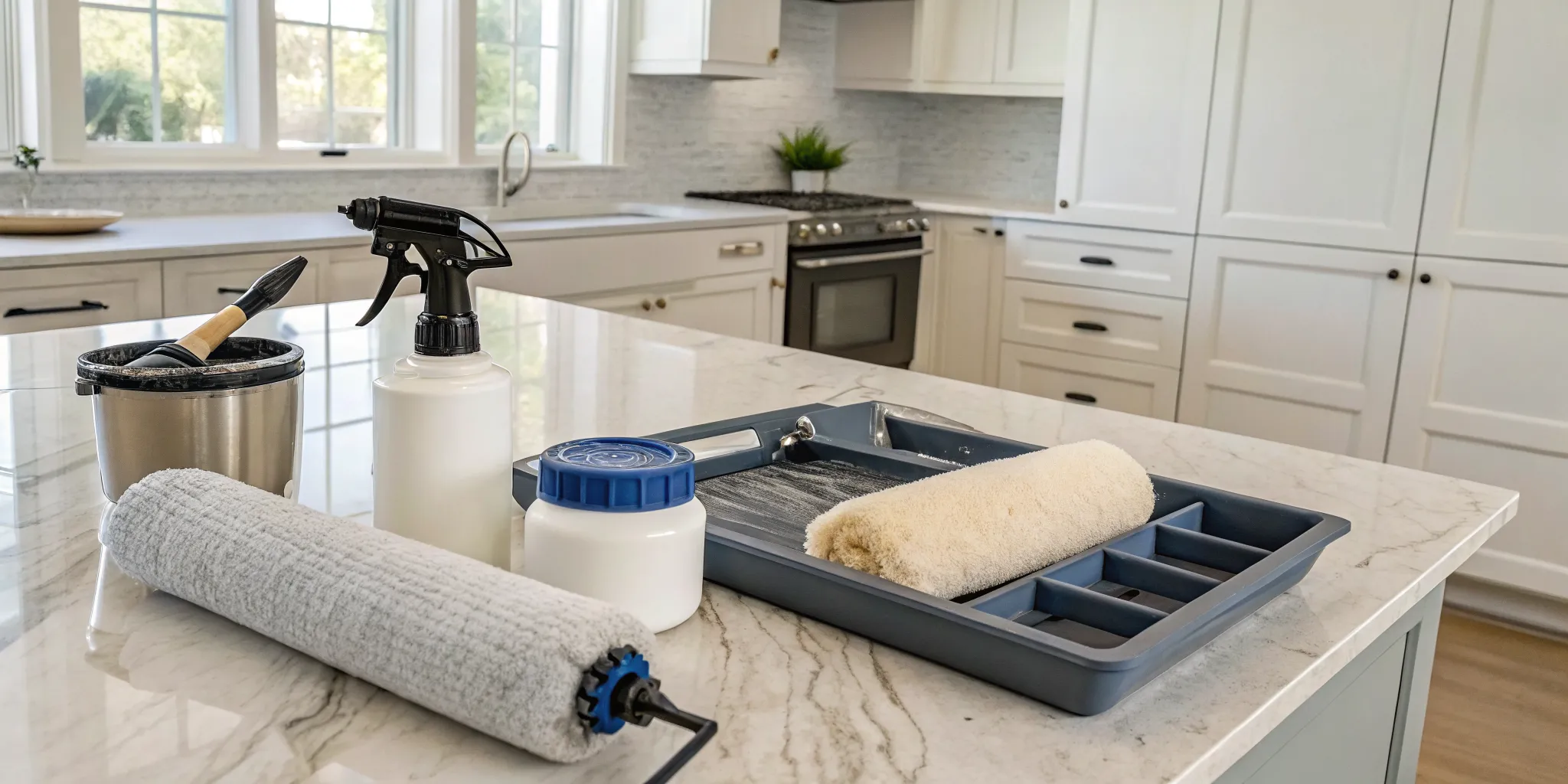 Painting supplies on a kitchen island to calculate the cost to paint cabinets.