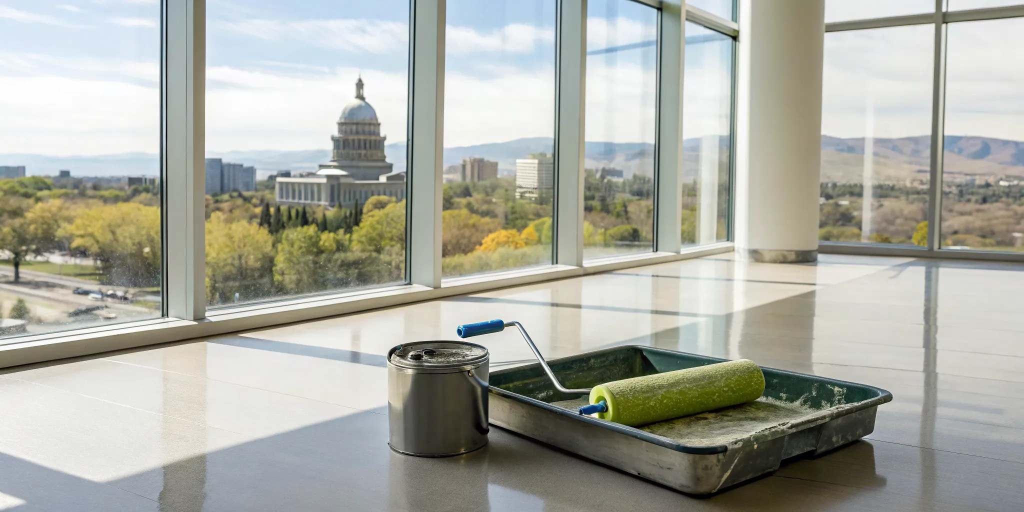 Paint roller and tray for a project with a view of the Boise capitol.