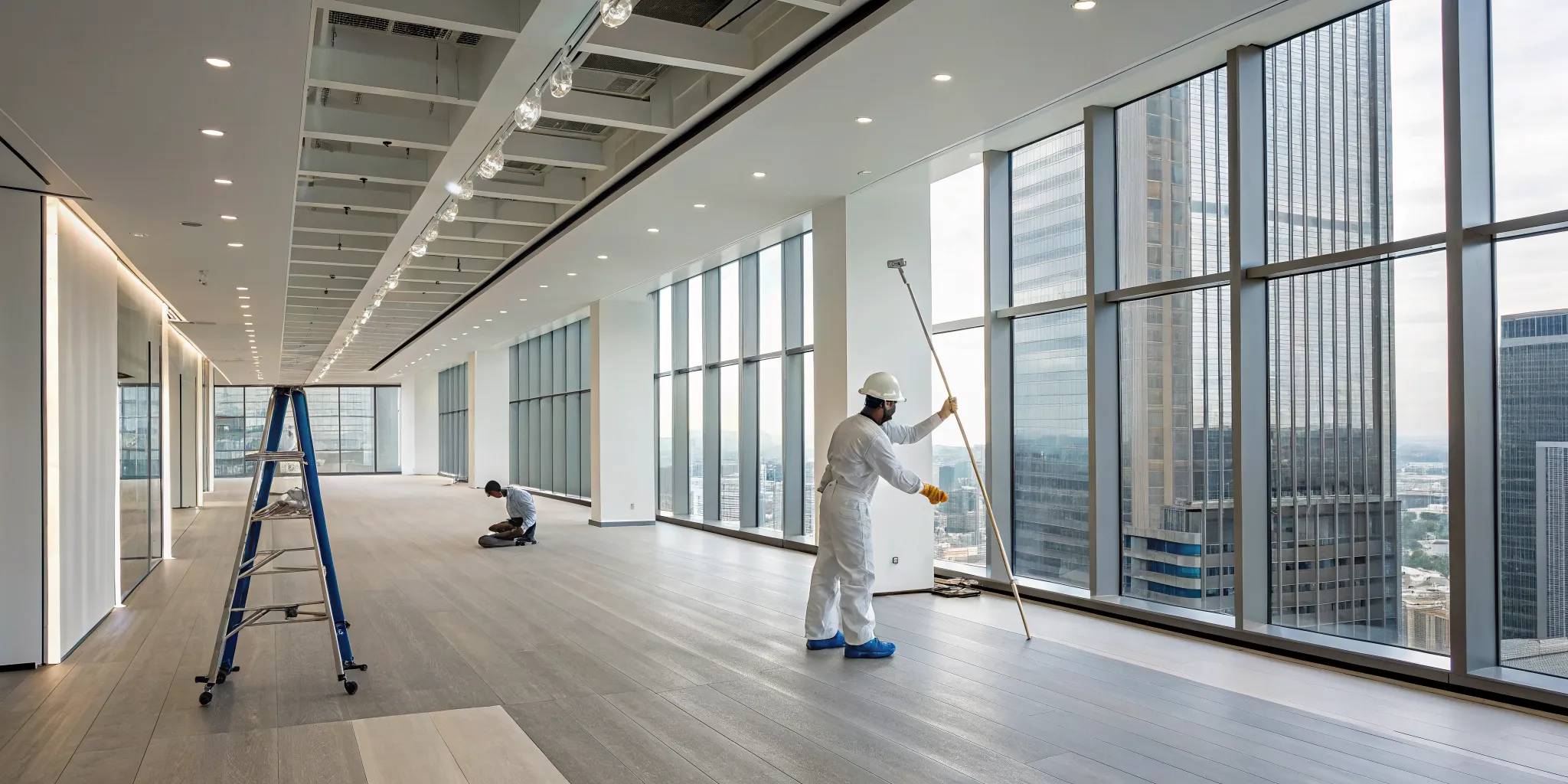 Office building interior painters applying a fresh coat of paint in a modern workspace.