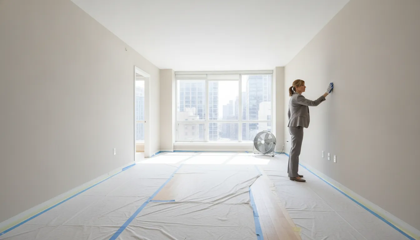 Property manager inspecting freshly painted apartment walls