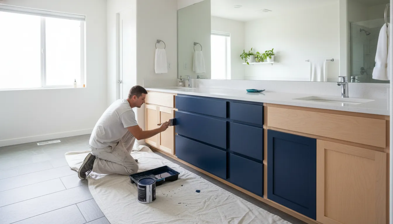 Painter refinishing a bathroom vanity cabinet in a Boise home