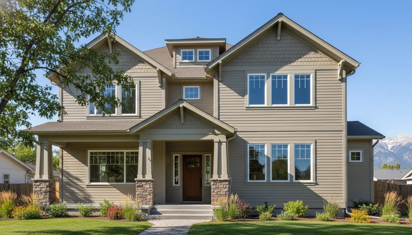 Boise home with warm greige siding and sage green accents