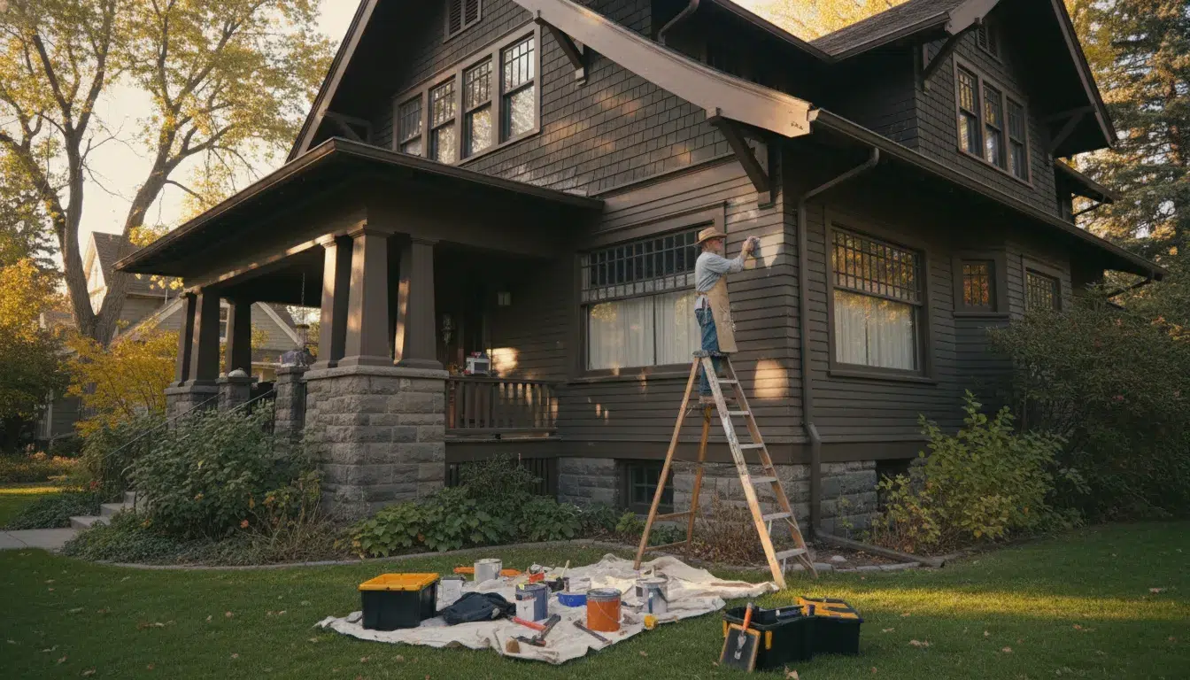 Painter preparing the wood siding of a historic Boise home