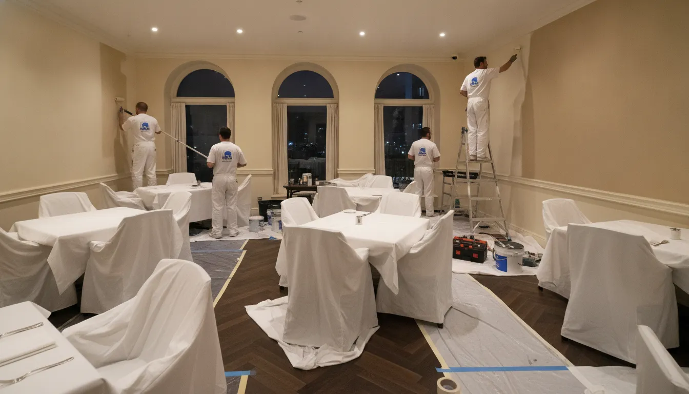 Commercial painters refreshing a hotel restaurant after hours