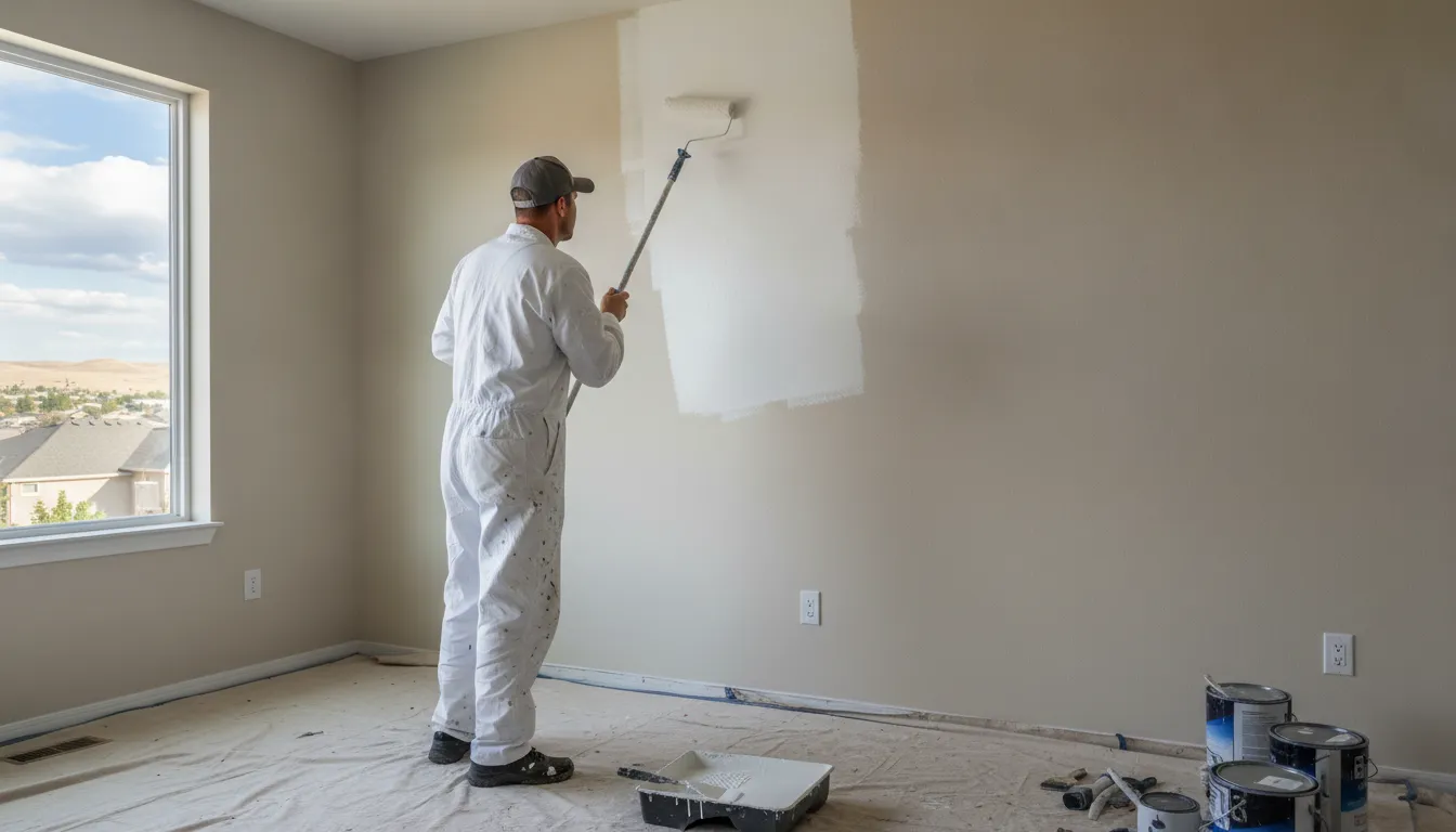 Professional painter applying fresh paint to an interior wall
