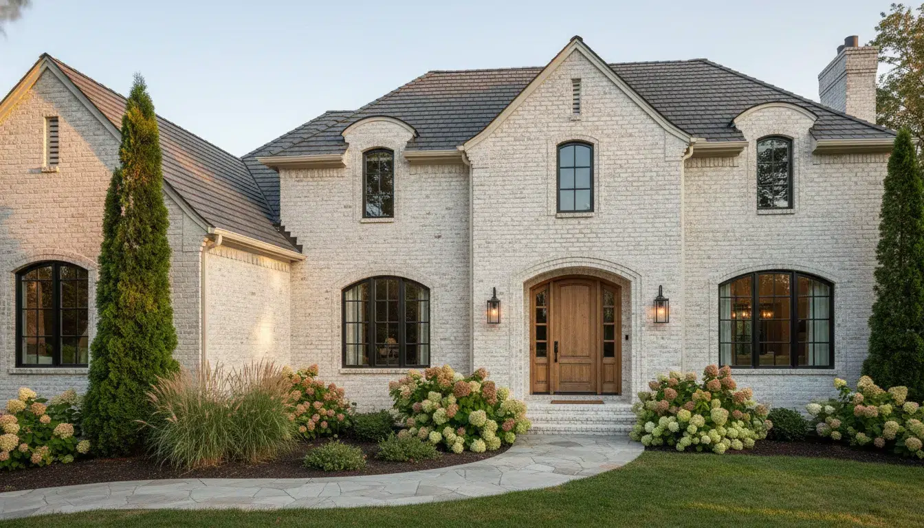 Soft white limewashed brick exterior on a Boise home
