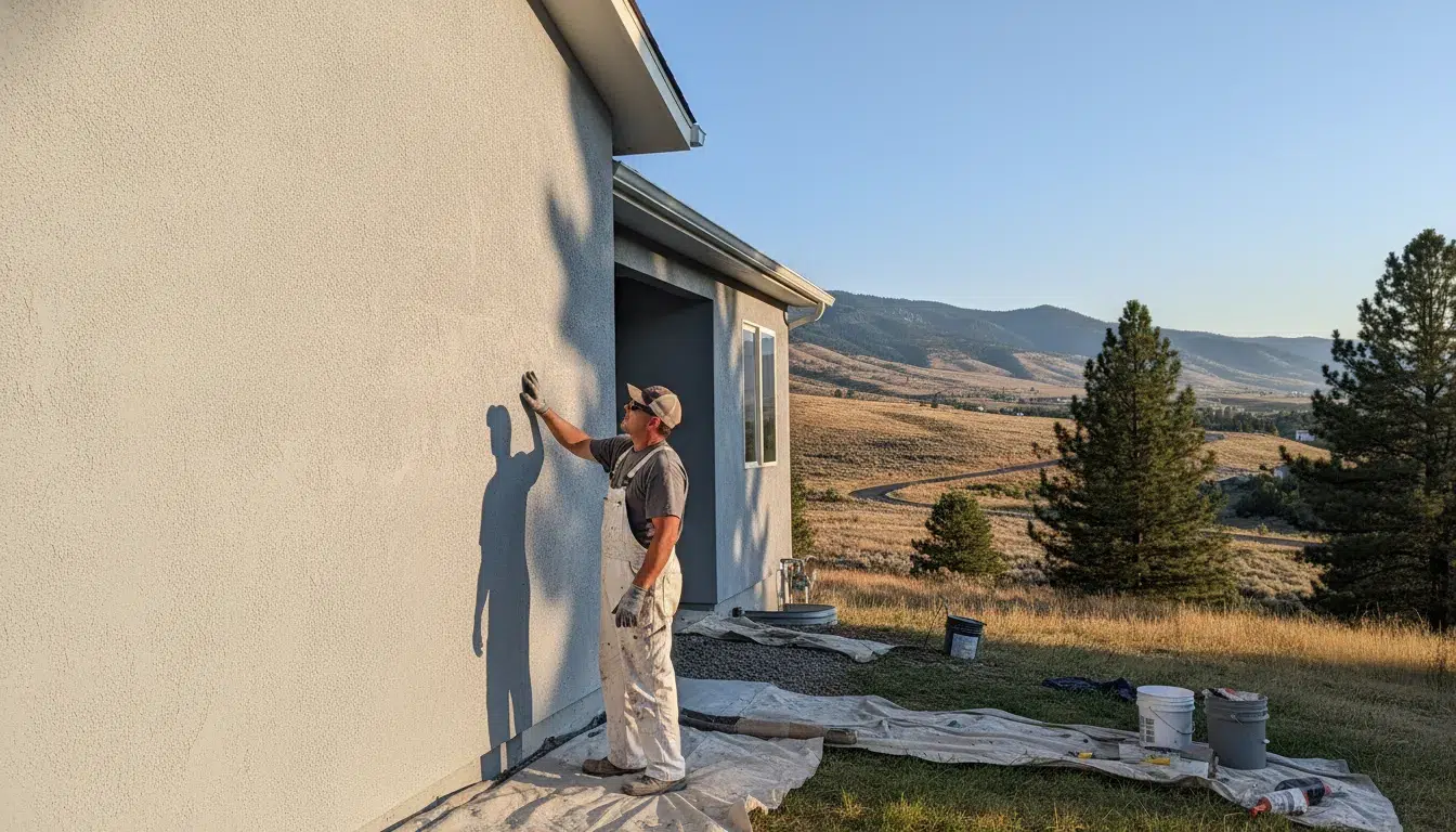 Professional painter inspecting a freshly painted stucco house exterior in Idaho