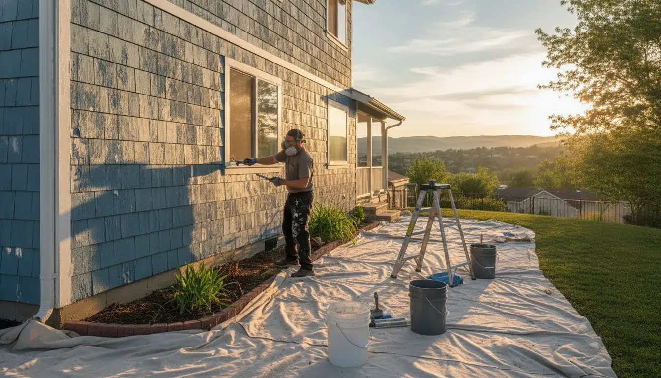 Painter preparing peeling exterior paint on a Boise home