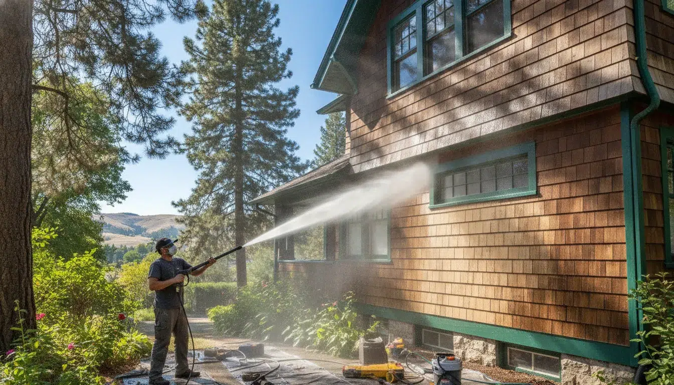 Power washing before painting on Boise home siding